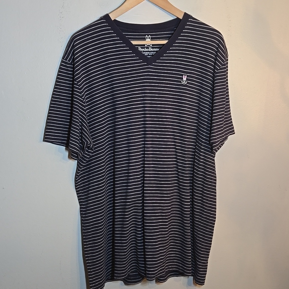 Psyco Bunny Men's Navy Striped V-Neck Pima Cotton T- Shirt NWOT